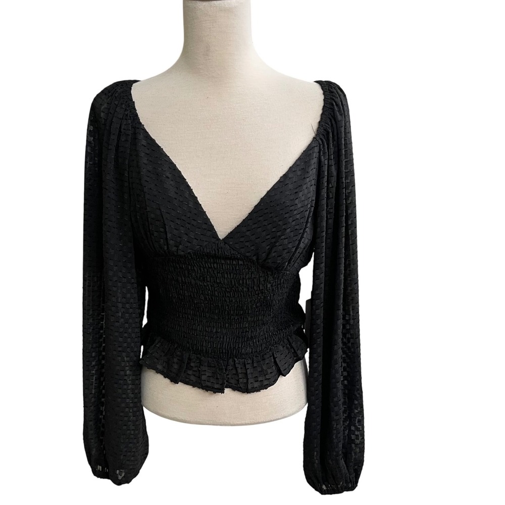 ASTR The Label Black Long Sleeve V Neck Smocked Waist Top XS nwt